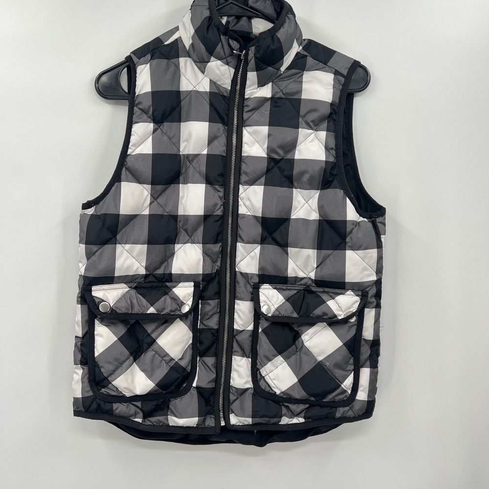 Woolrich Small Puffer Vest Womens Black White Buffalo Plaid Quilted Down‎ Fill